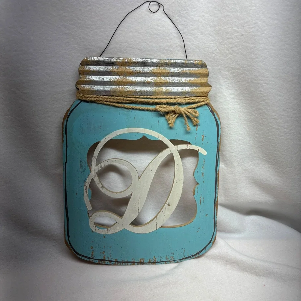 Rustic Farmhouse Mason Jar Wall Decor‎ Distressed Aqua Letter D Monogram Hanging